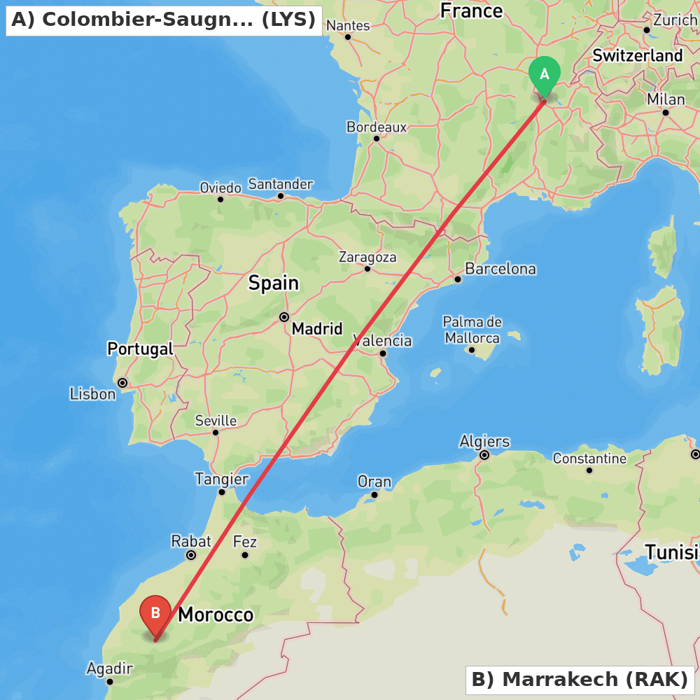 Flight route map from Colombier-Saugnieu, Rhône to Marrakech