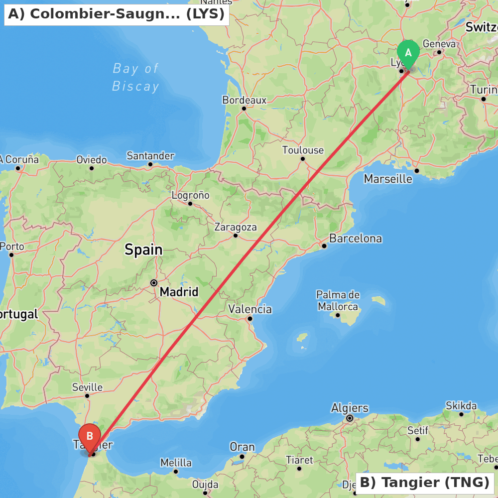 Flight route map from Colombier-Saugnieu, Rhône to Tangier
