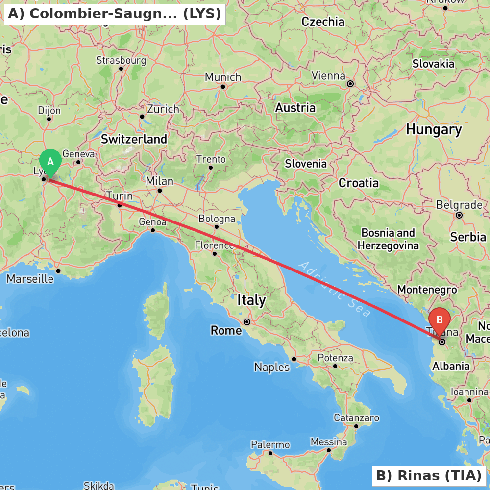 Flight route map from Colombier-Saugnieu, Rhône to Rinas