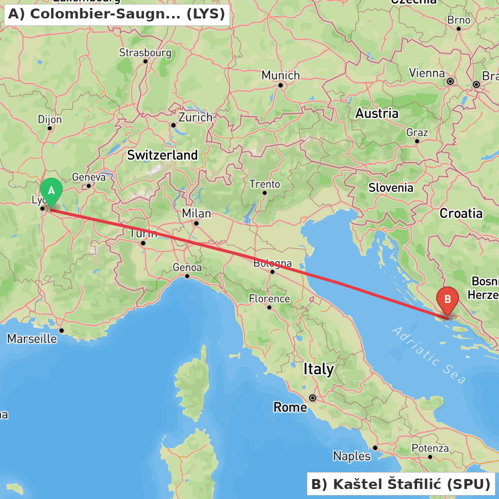 Flight route map from Colombier-Saugnieu, Rhône to Kaštel Štafilić