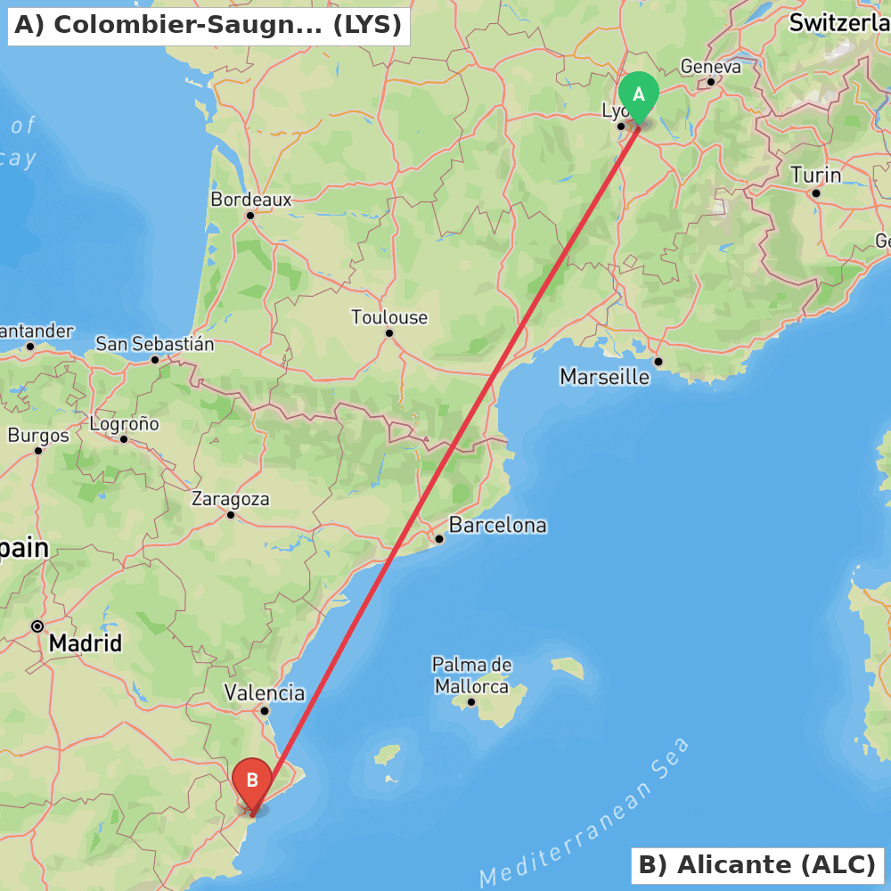 Flight route map from Colombier-Saugnieu, Rhône to Alicante