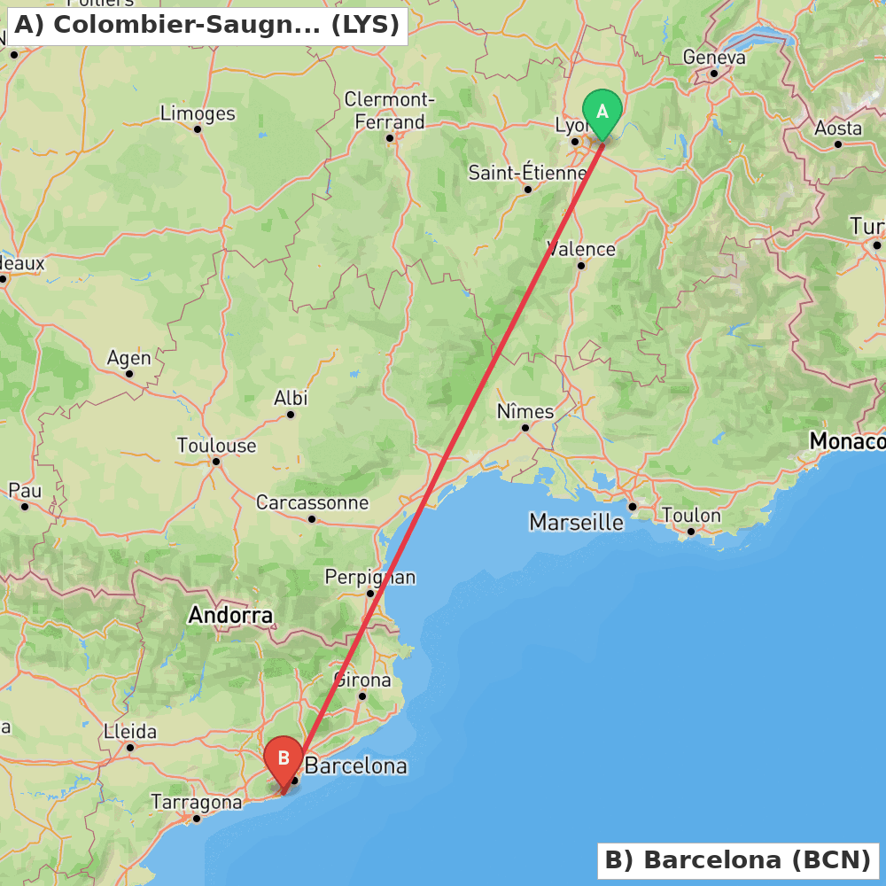 Flight route map from Colombier-Saugnieu, Rhône to Barcelona