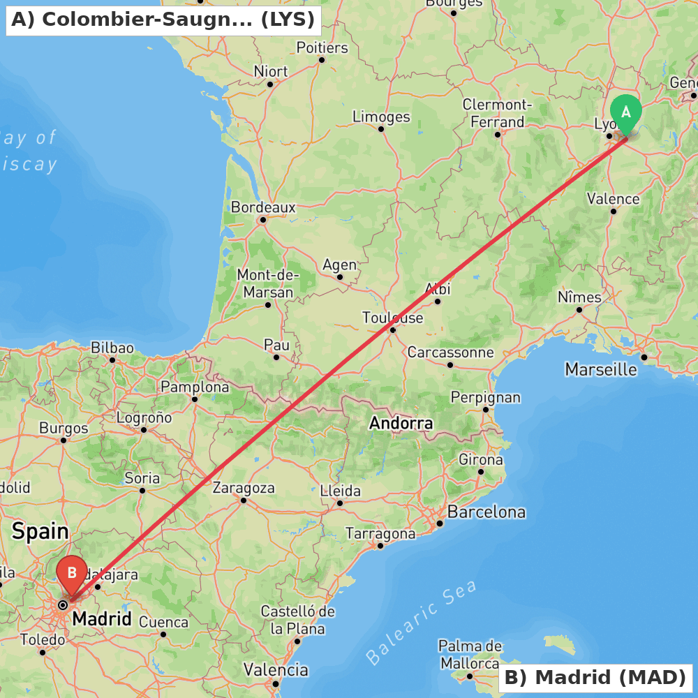 Flight route map from Colombier-Saugnieu, Rhône to Madrid