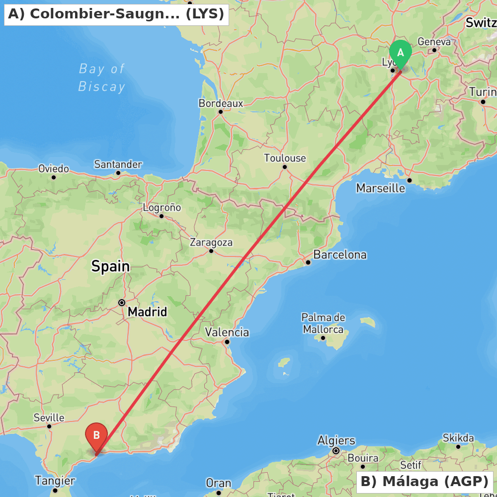 Flight route map from Colombier-Saugnieu, Rhône to Málaga