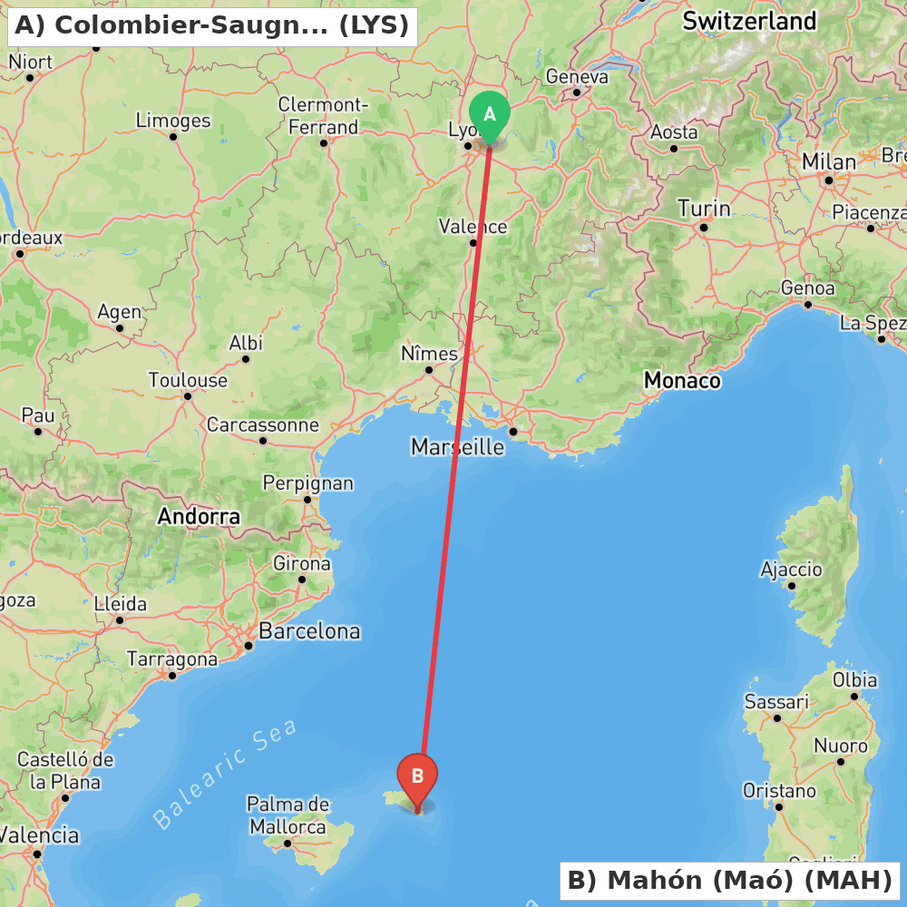 Flight route map from Colombier-Saugnieu, Rhône to Mahón (Maó)
