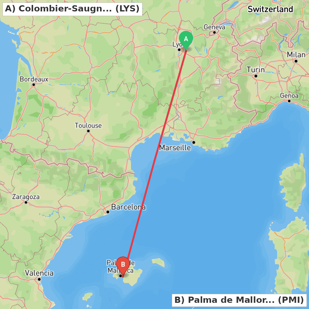 Flight route map from Colombier-Saugnieu, Rhône to Palma de Mallorca