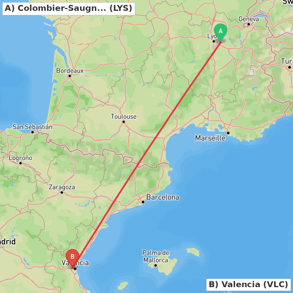 Flight route map from Colombier-Saugnieu, Rhône to Valencia