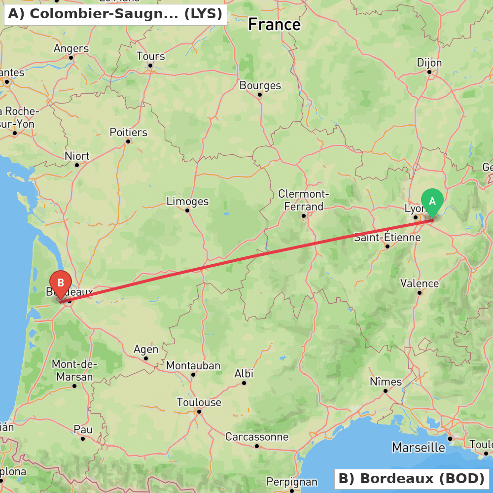 Flight route map from Colombier-Saugnieu, Rhône to Bordeaux