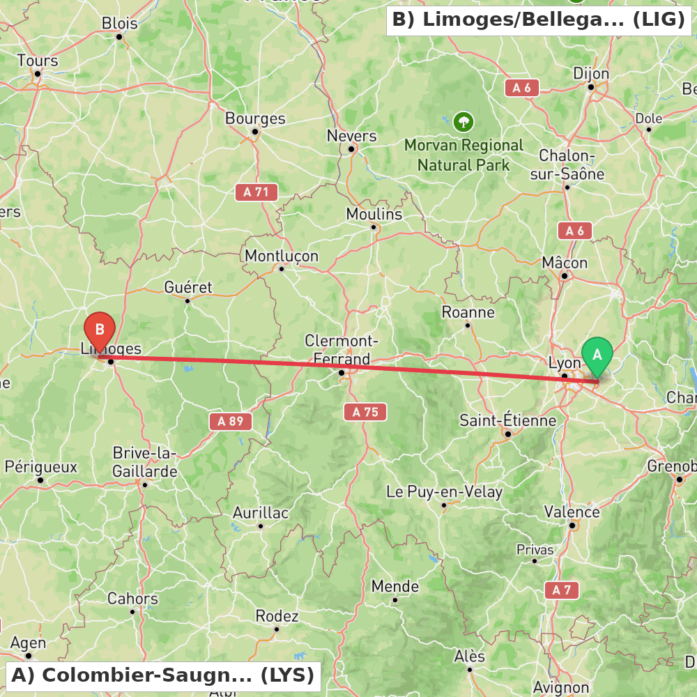 Flight route map from Colombier-Saugnieu, Rhône to Limoges/Bellegarde