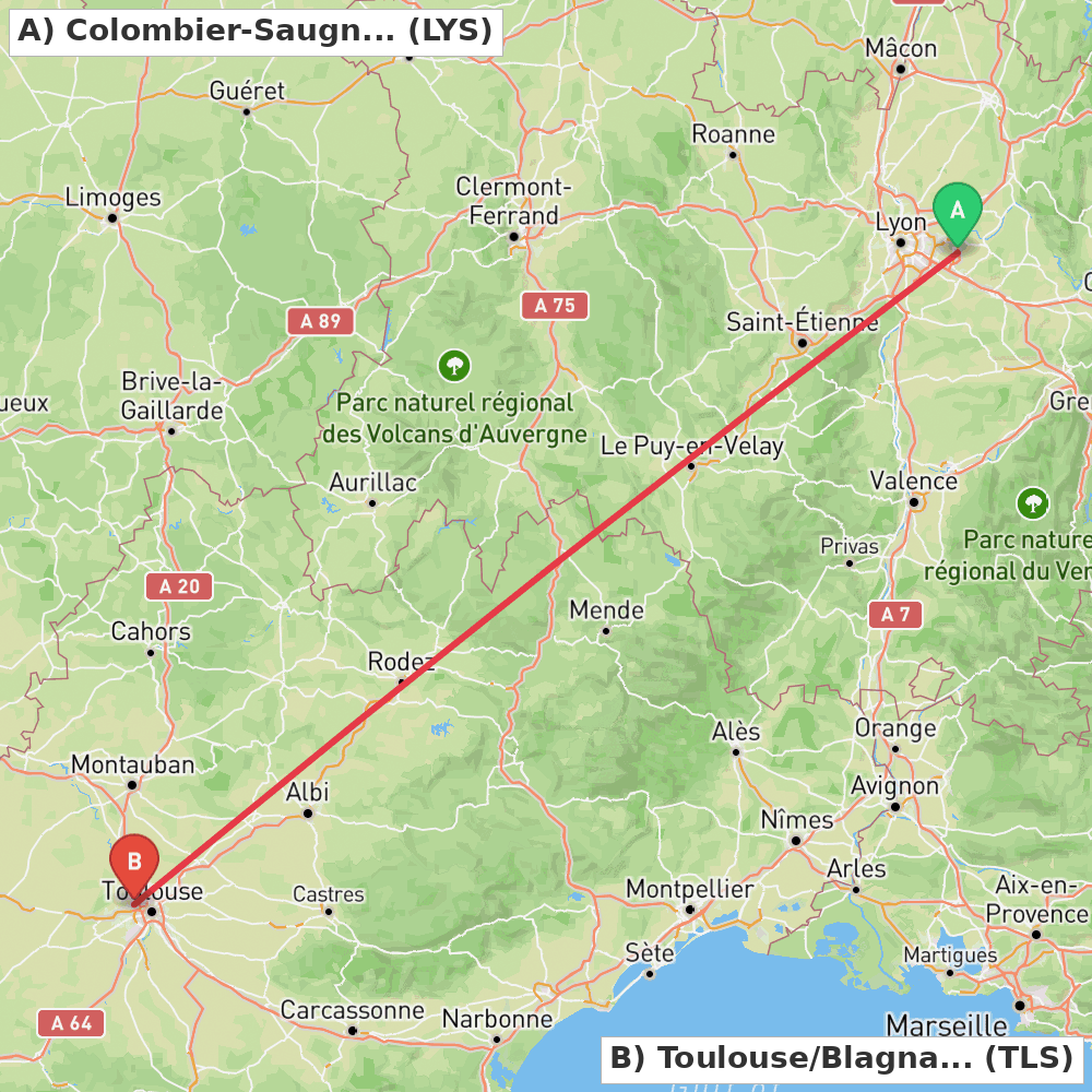 Flight route map from Colombier-Saugnieu, Rhône to Toulouse/Blagnac