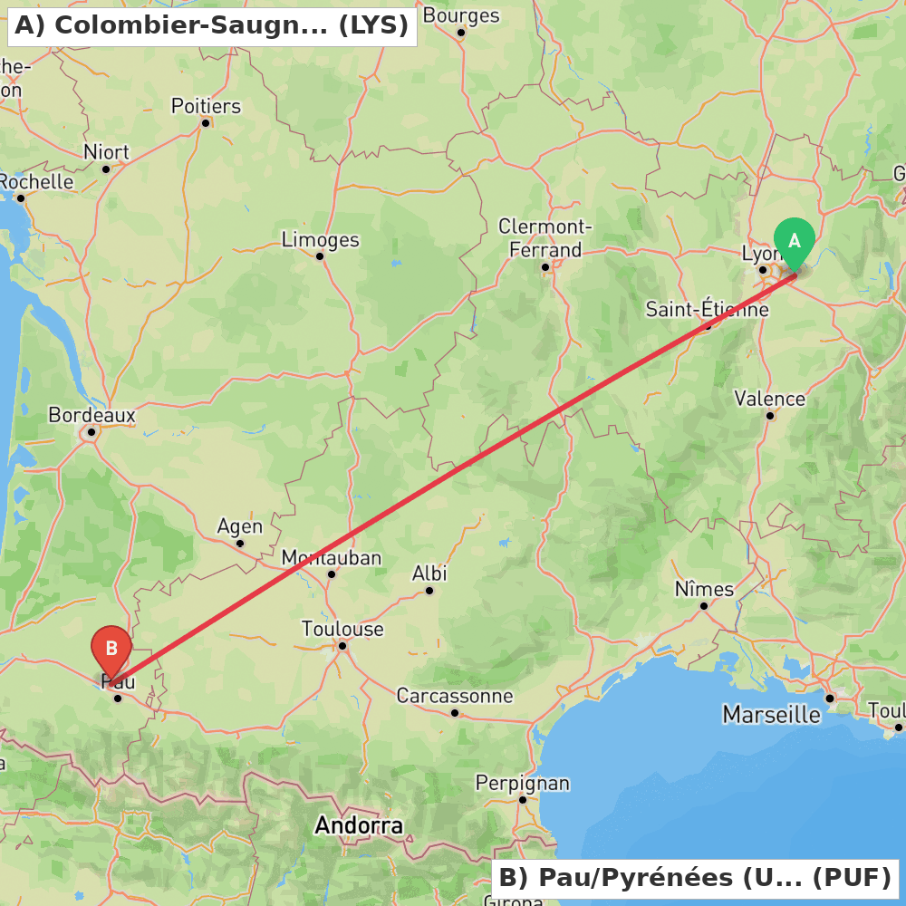 Flight route map from Colombier-Saugnieu, Rhône to Pau/Pyrénées (Uzein)