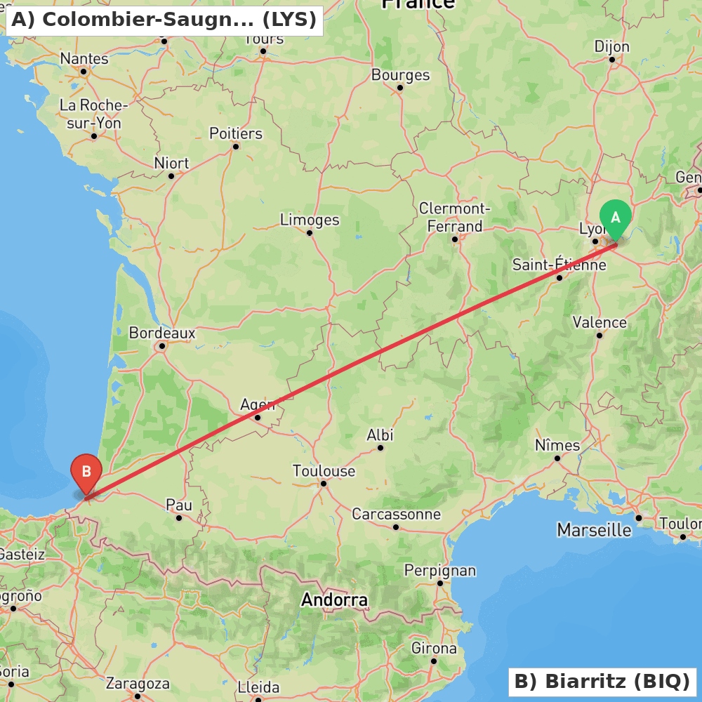 Flight route map from Colombier-Saugnieu, Rhône to Biarritz