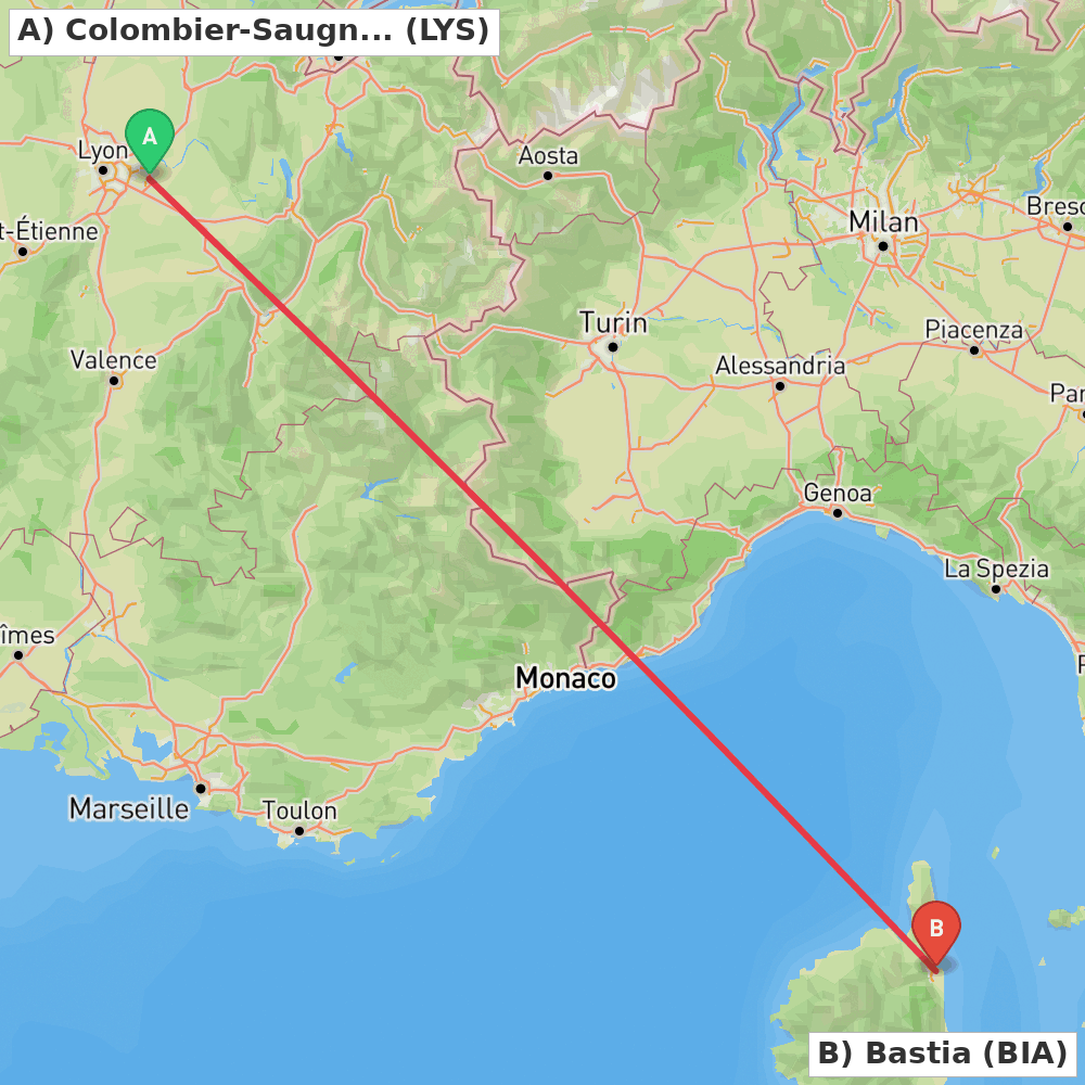 Flight route map from Colombier-Saugnieu, Rhône to Bastia
