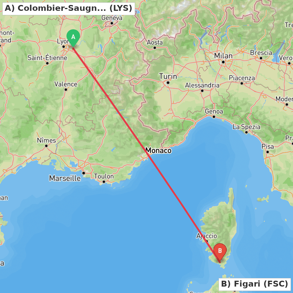 Flight route map from Colombier-Saugnieu, Rhône to Figari