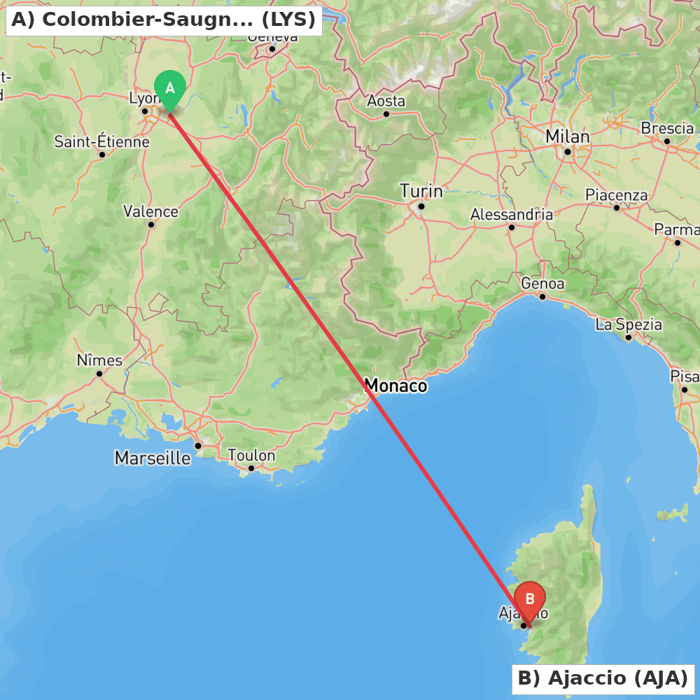 Flight route map from Colombier-Saugnieu, Rhône to Ajaccio