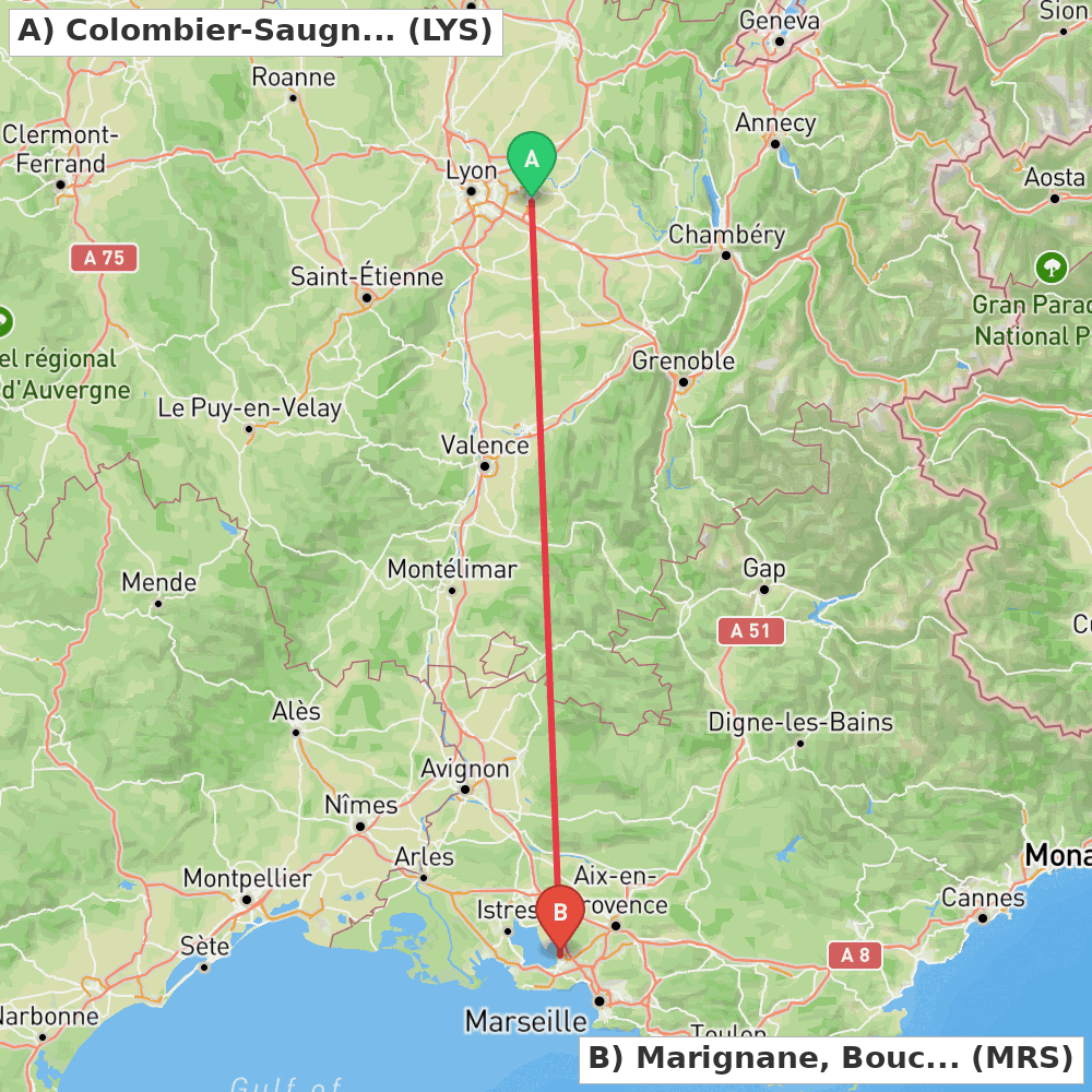 Flight route map from Colombier-Saugnieu, Rhône to Marignane, Bouches-du-Rhône