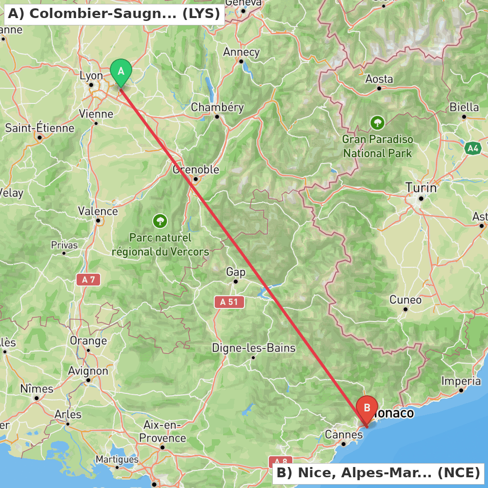 Flight route map from Colombier-Saugnieu, Rhône to Nice, Alpes-Maritimes