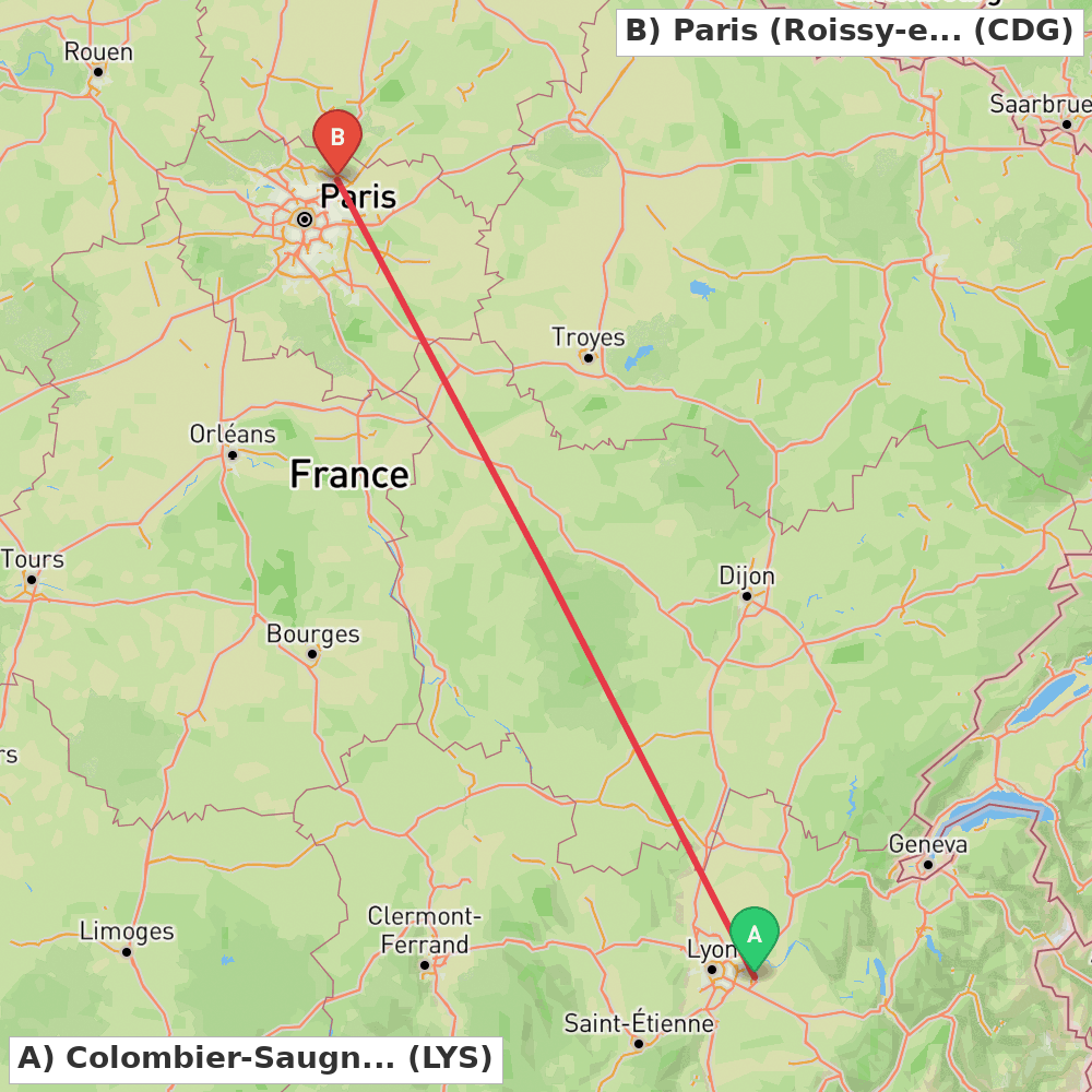 Flight route map from Colombier-Saugnieu, Rhône to Paris (Roissy-en-France, Val-d'Oise)