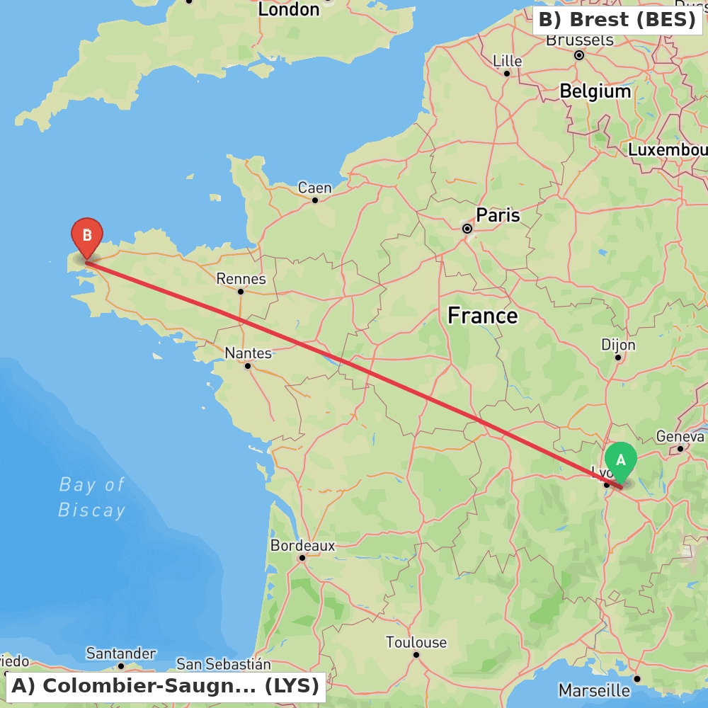 Flight route map from Colombier-Saugnieu, Rhône to Brest