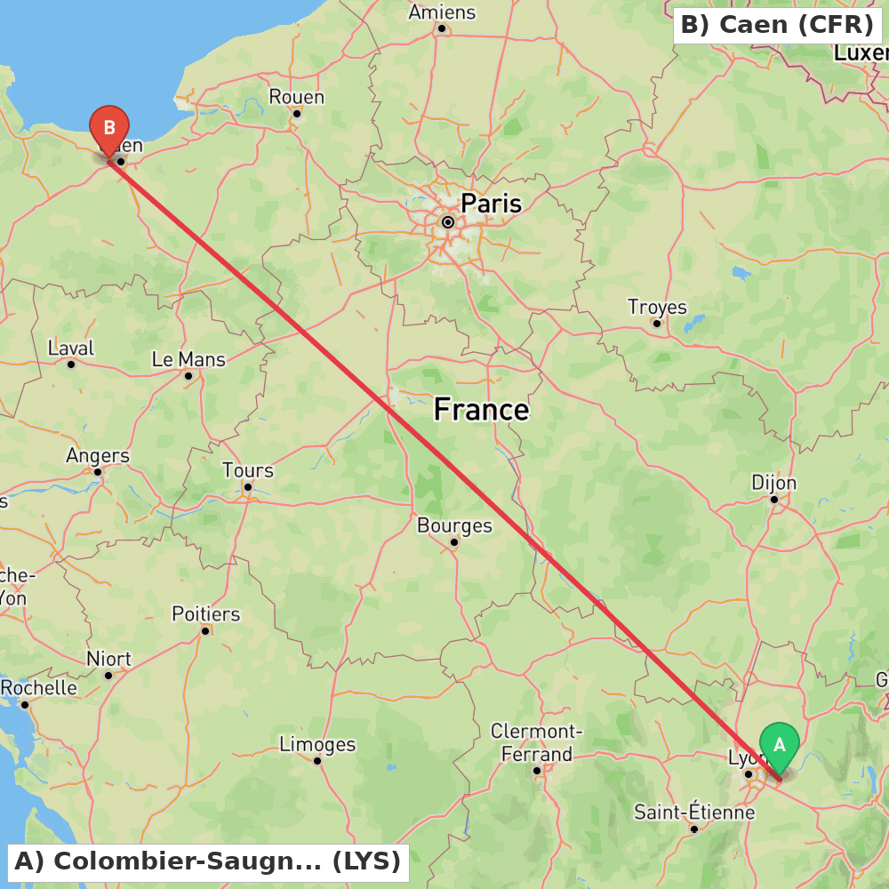 Flight route map from Colombier-Saugnieu, Rhône to Caen