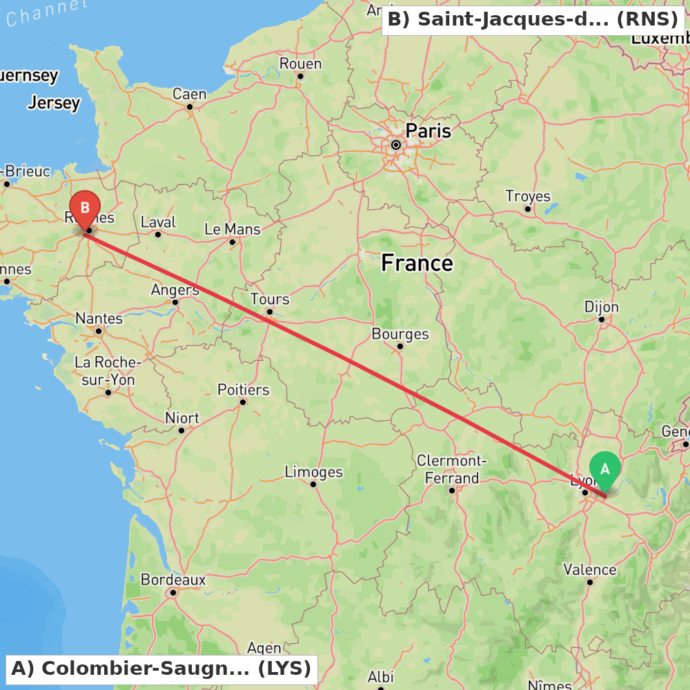 Flight route map from Colombier-Saugnieu, Rhône to Saint-Jacques-de-la-Lande, Ille-et-Vilaine