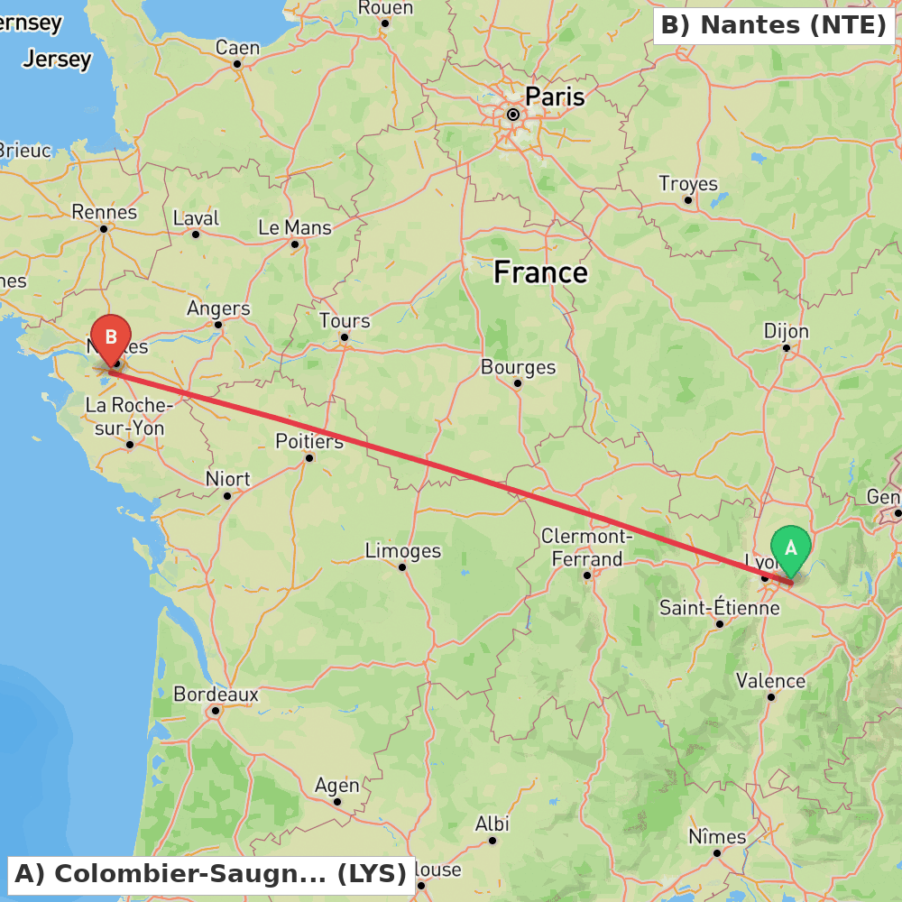 Flight route map from Colombier-Saugnieu, Rhône to Nantes