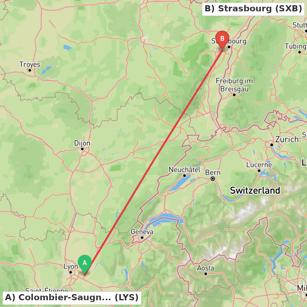 Flight route map from Colombier-Saugnieu, Rhône to Strasbourg