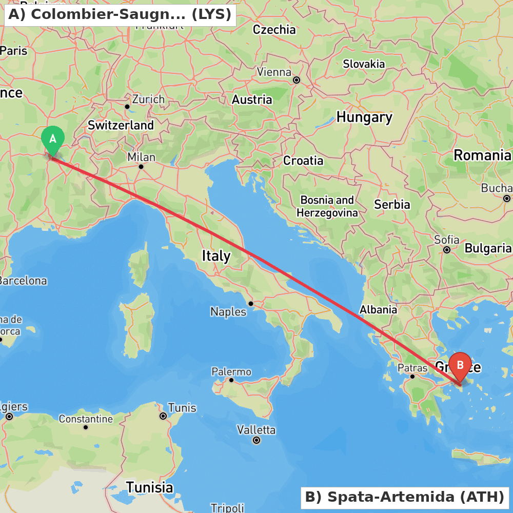 Flight route map from Colombier-Saugnieu, Rhône to Spata-Artemida
