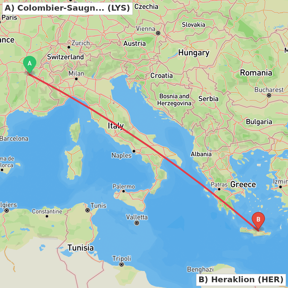 Flight route map from Colombier-Saugnieu, Rhône to Heraklion