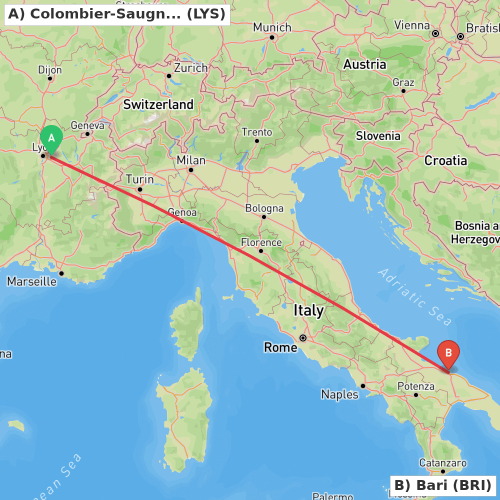 Flight route map from Colombier-Saugnieu, Rhône to Bari