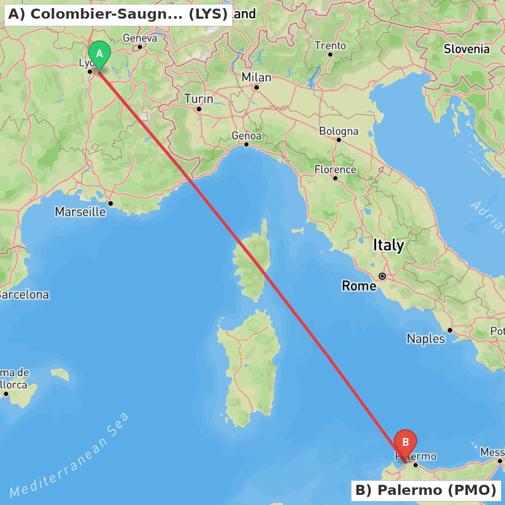 Flight route map from Colombier-Saugnieu, Rhône to Palermo