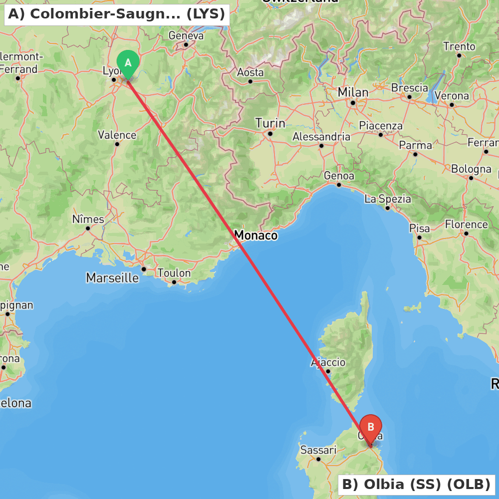 Flight route map from Colombier-Saugnieu, Rhône to Olbia (SS)