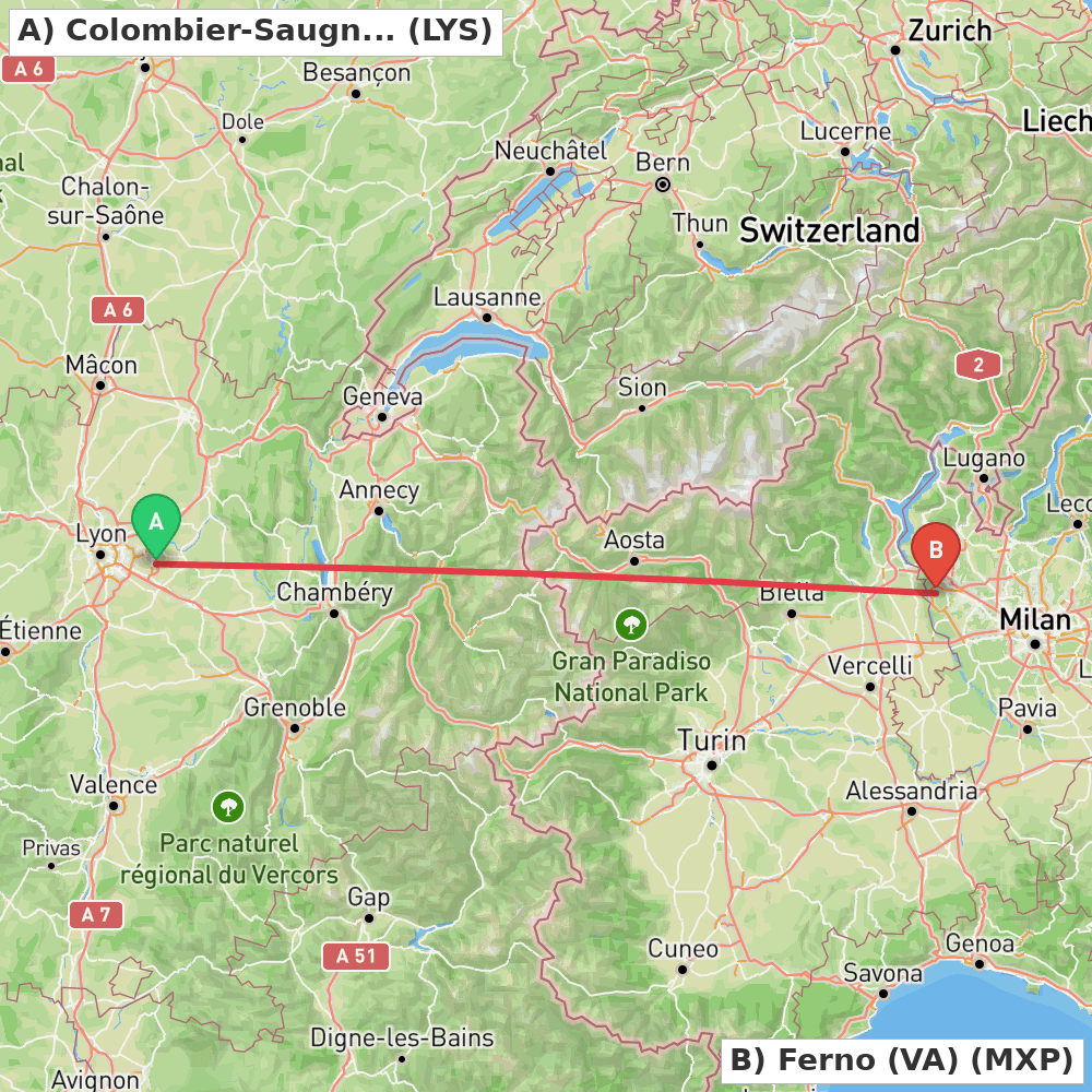 Flight route map from Colombier-Saugnieu, Rhône to Ferno (VA)