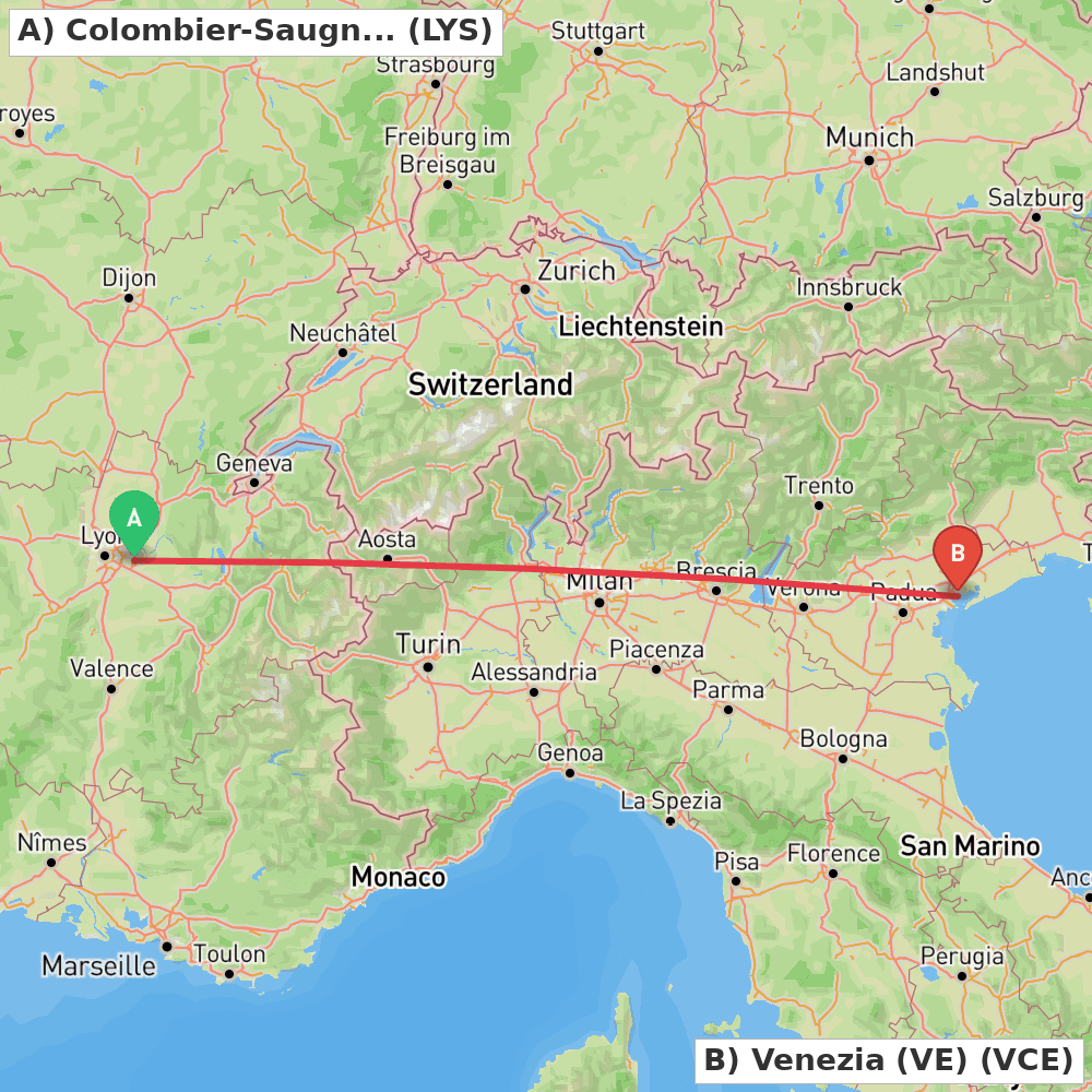 Flight route map from Colombier-Saugnieu, Rhône to Venezia (VE)