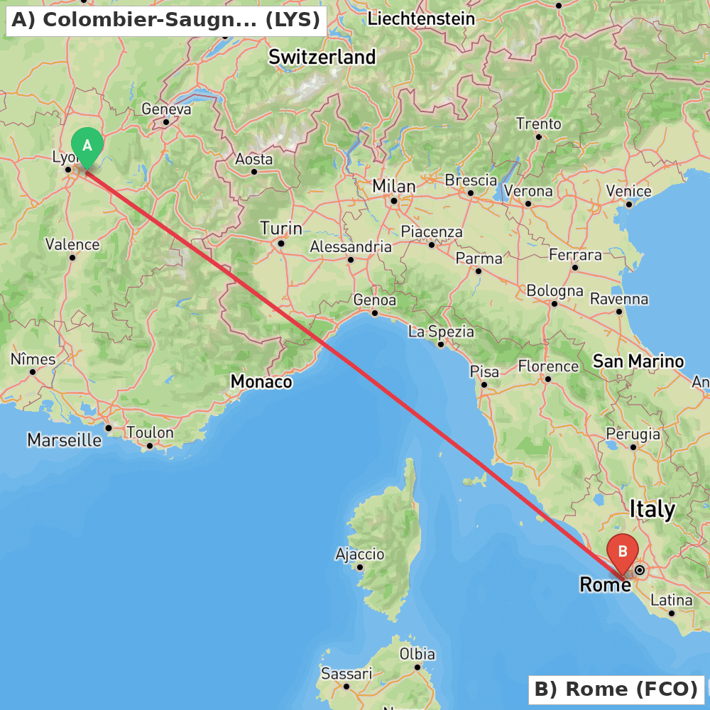 Flight route map from Colombier-Saugnieu, Rhône to Rome