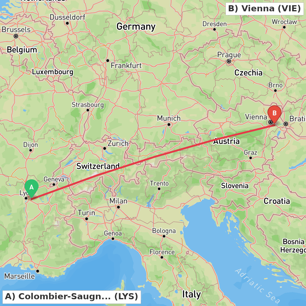 Flight route map from Colombier-Saugnieu, Rhône to Vienna