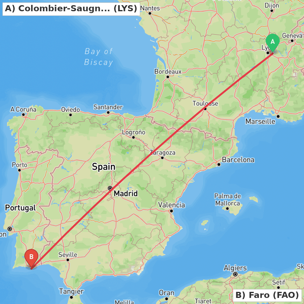 Flight route map from Colombier-Saugnieu, Rhône to Faro