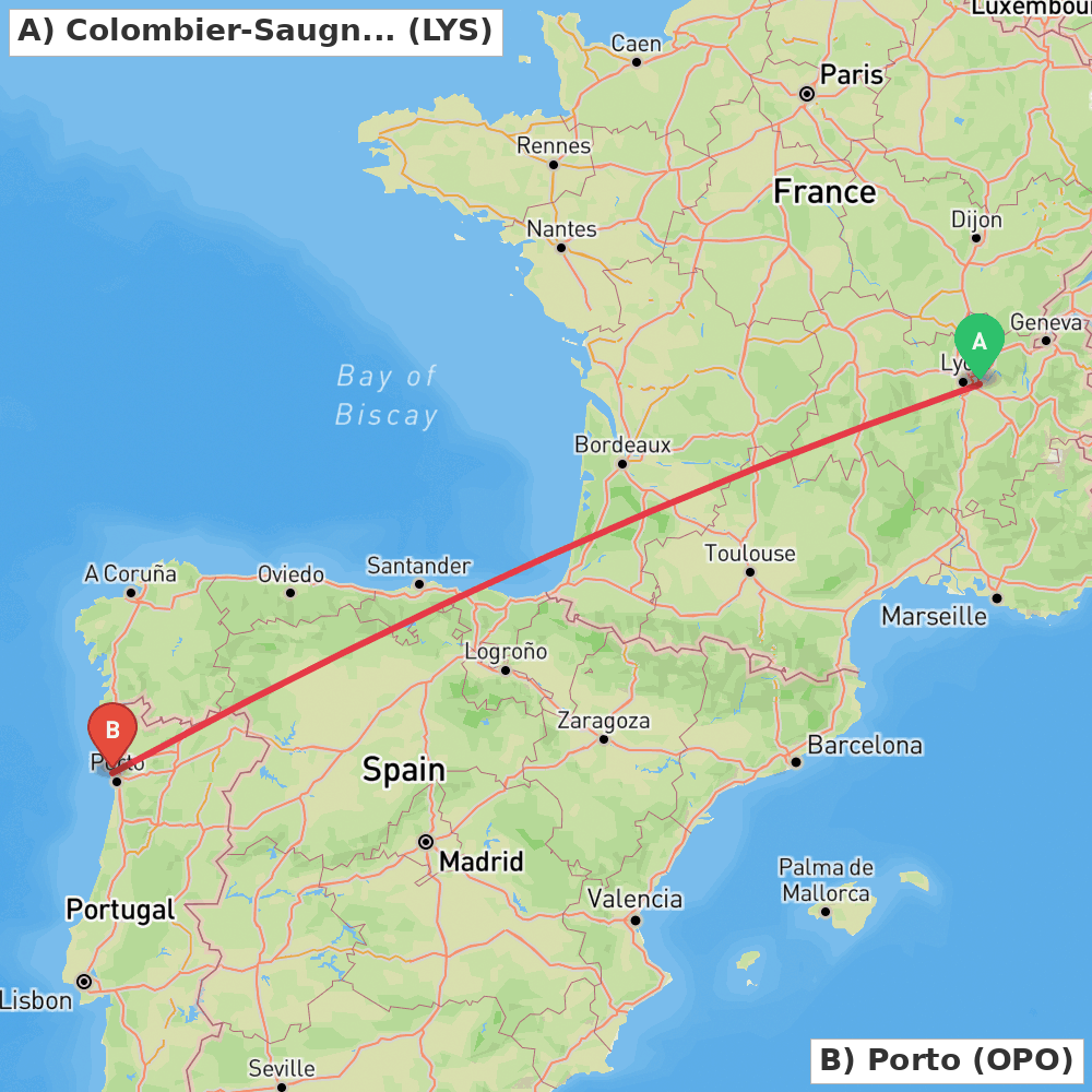 Flight route map from Colombier-Saugnieu, Rhône to Porto