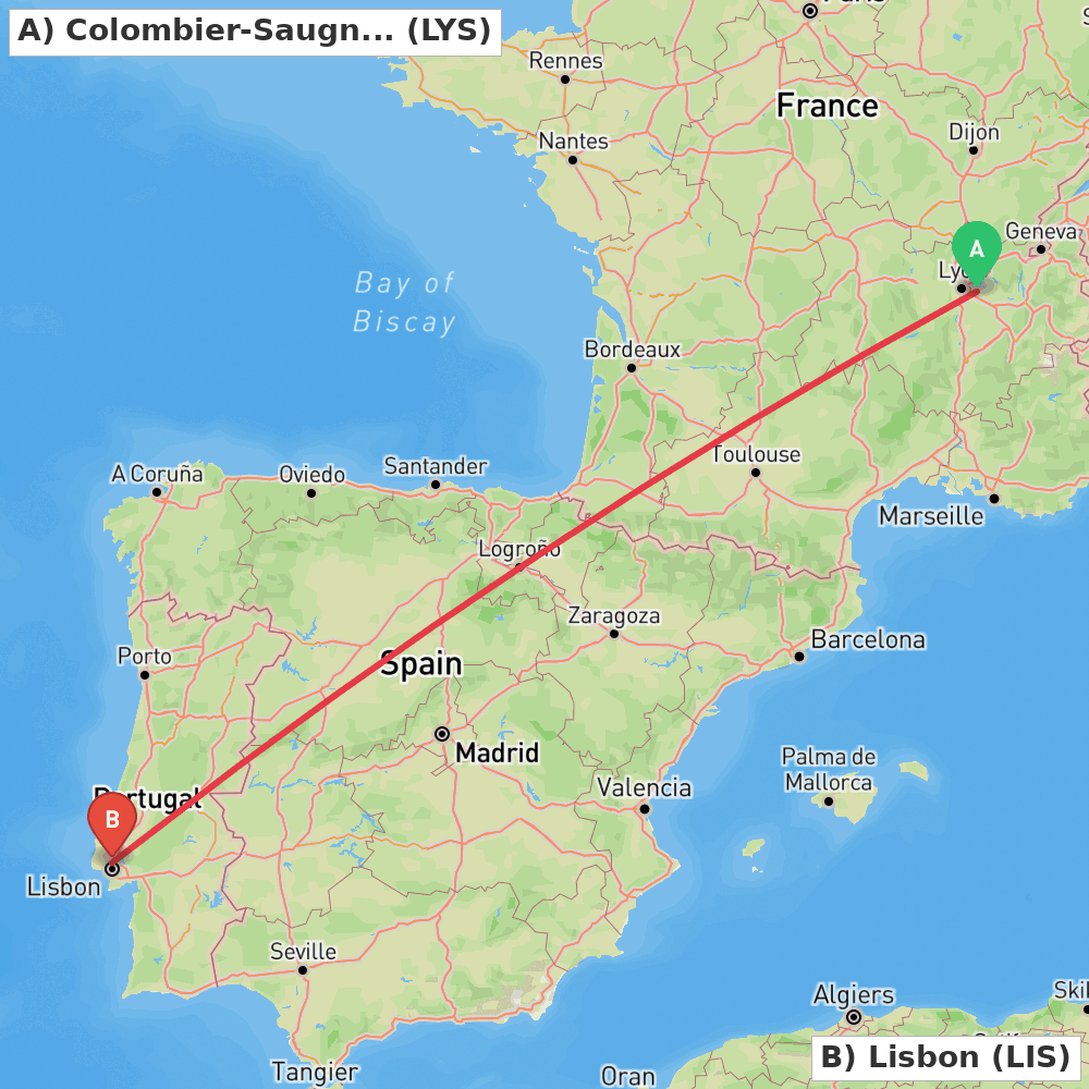 Flight route map from Colombier-Saugnieu, Rhône to Lisbon