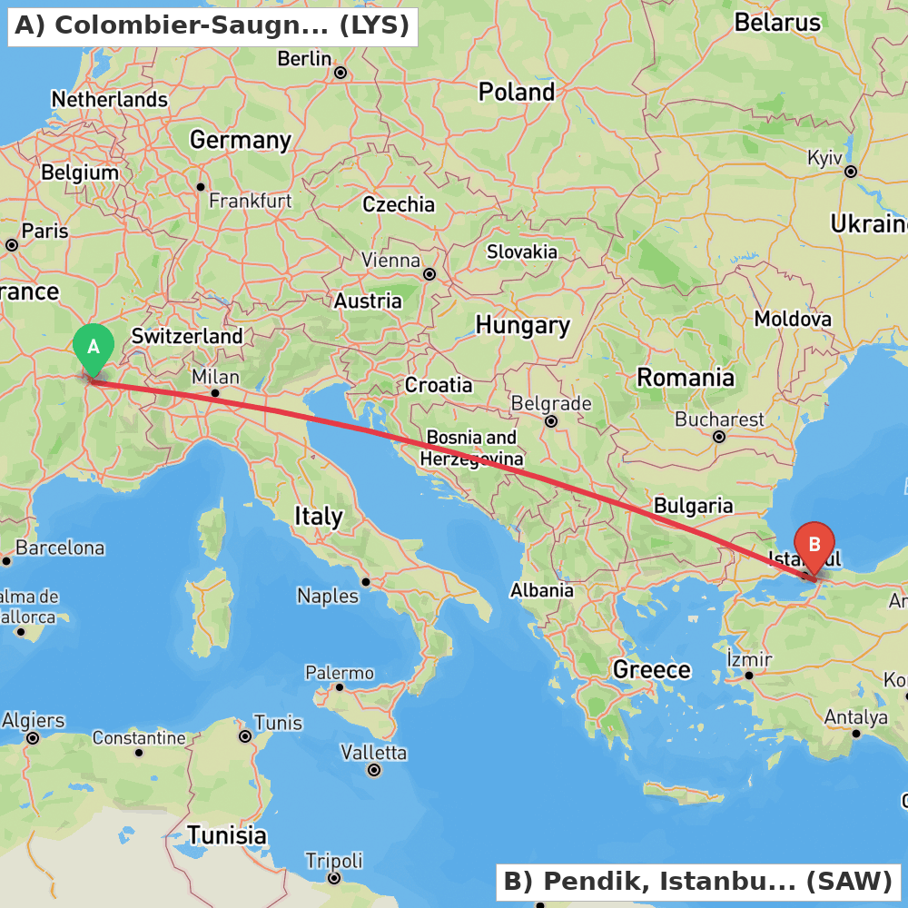 Flight route map from Colombier-Saugnieu, Rhône to Pendik, Istanbul