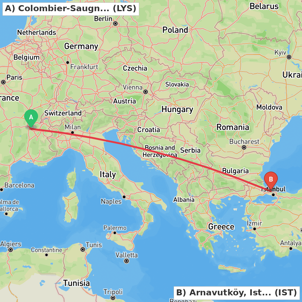 Flight route map from Colombier-Saugnieu, Rhône to Arnavutköy, Istanbul