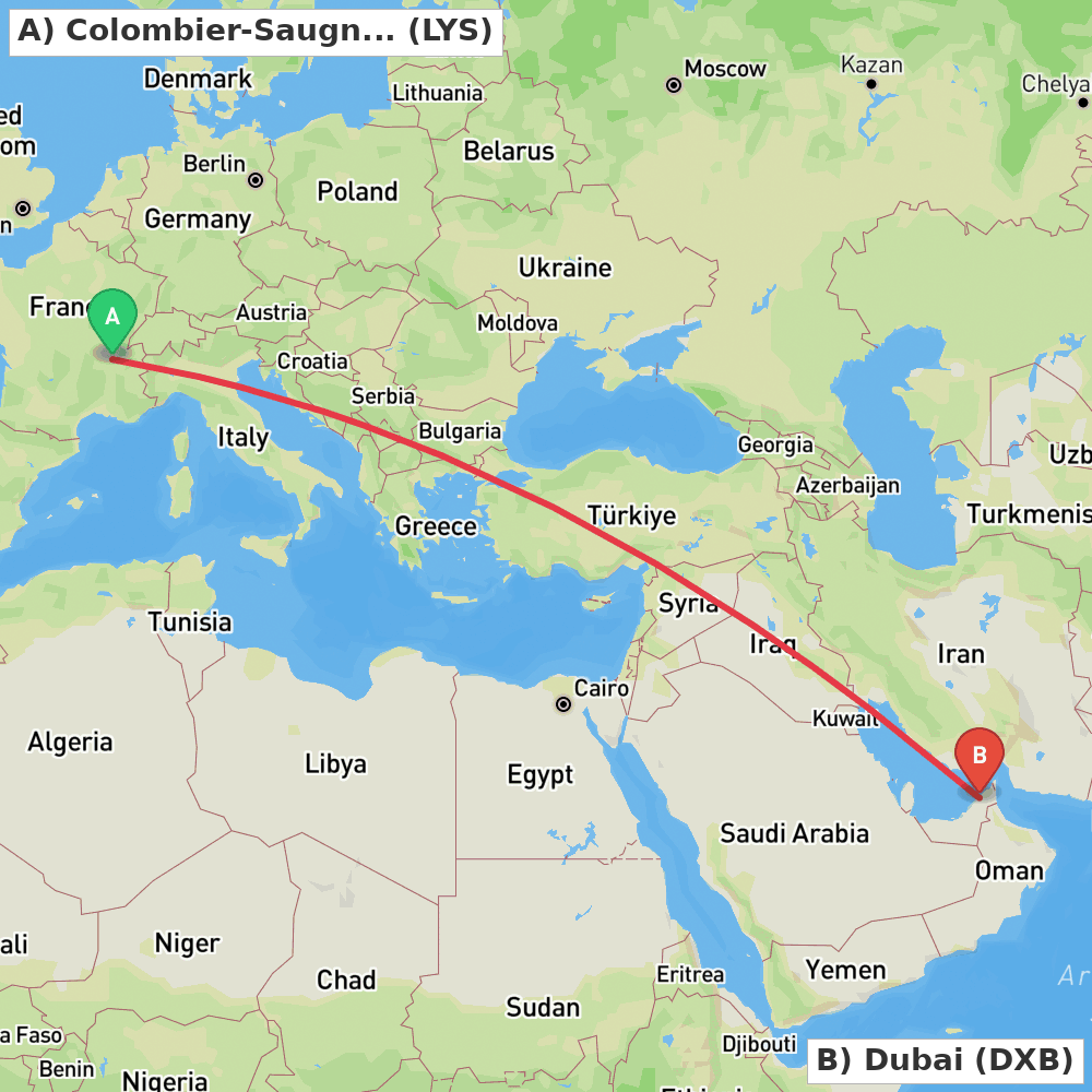 Flight route map from Colombier-Saugnieu, Rhône to Dubai