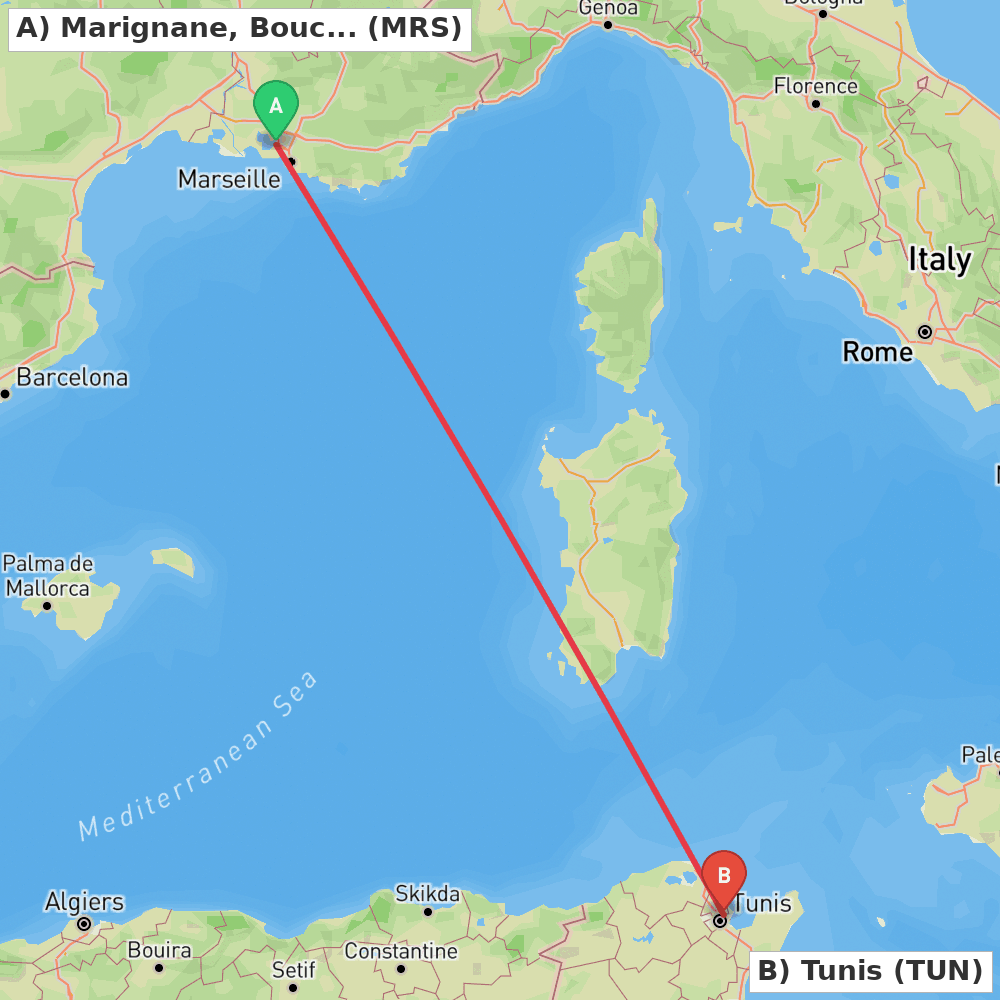 Flight route map from Marignane, Bouches-du-Rhône to Tunis