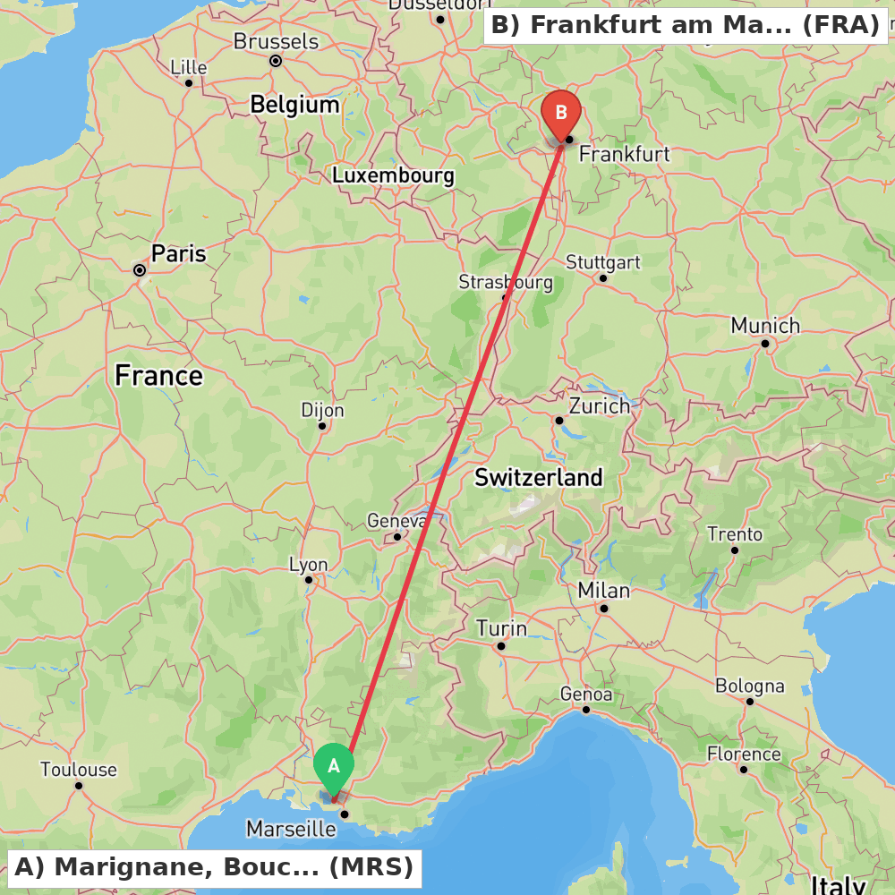 Flight route map from Marignane, Bouches-du-Rhône to Frankfurt am Main