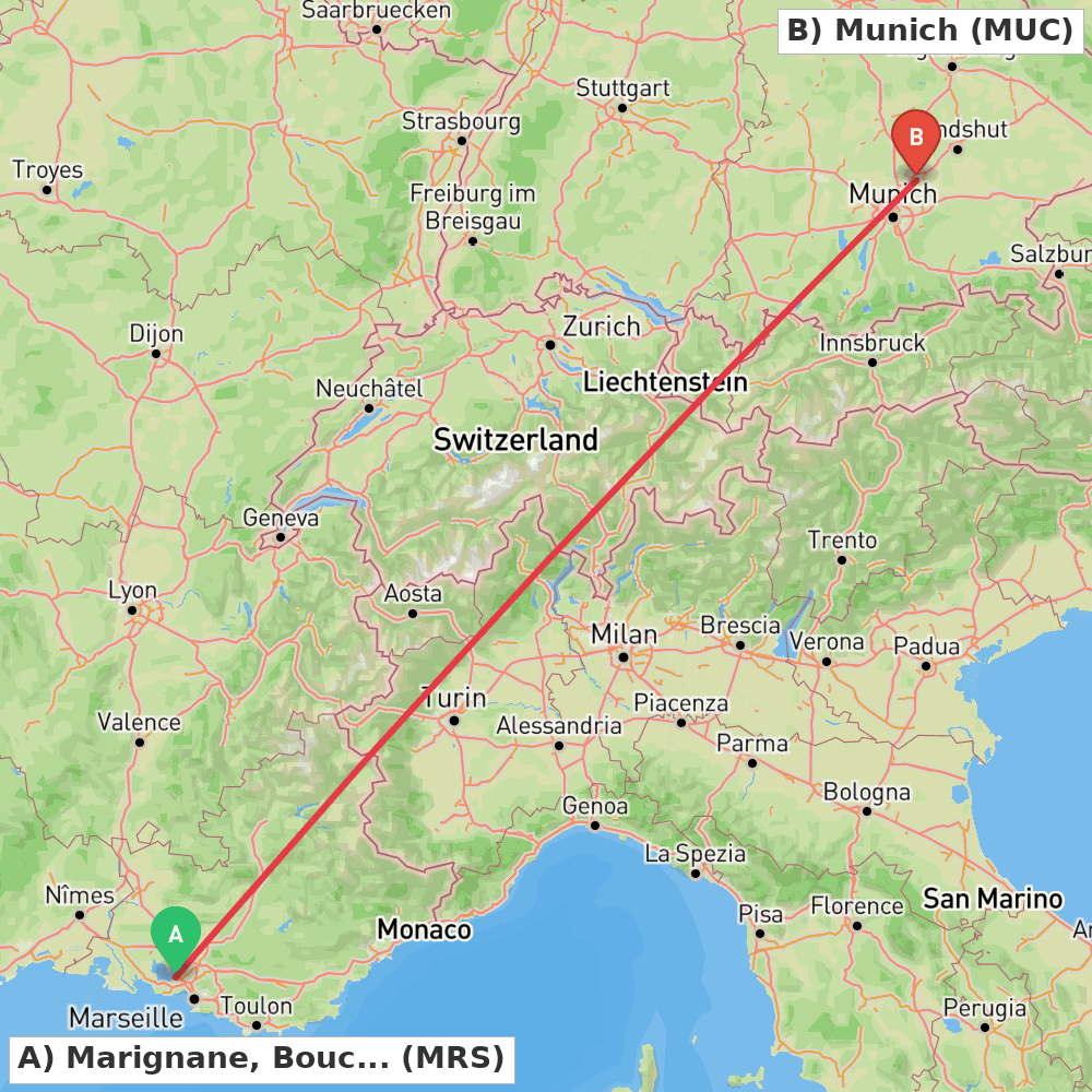 Flight route map from Marignane, Bouches-du-Rhône to Munich