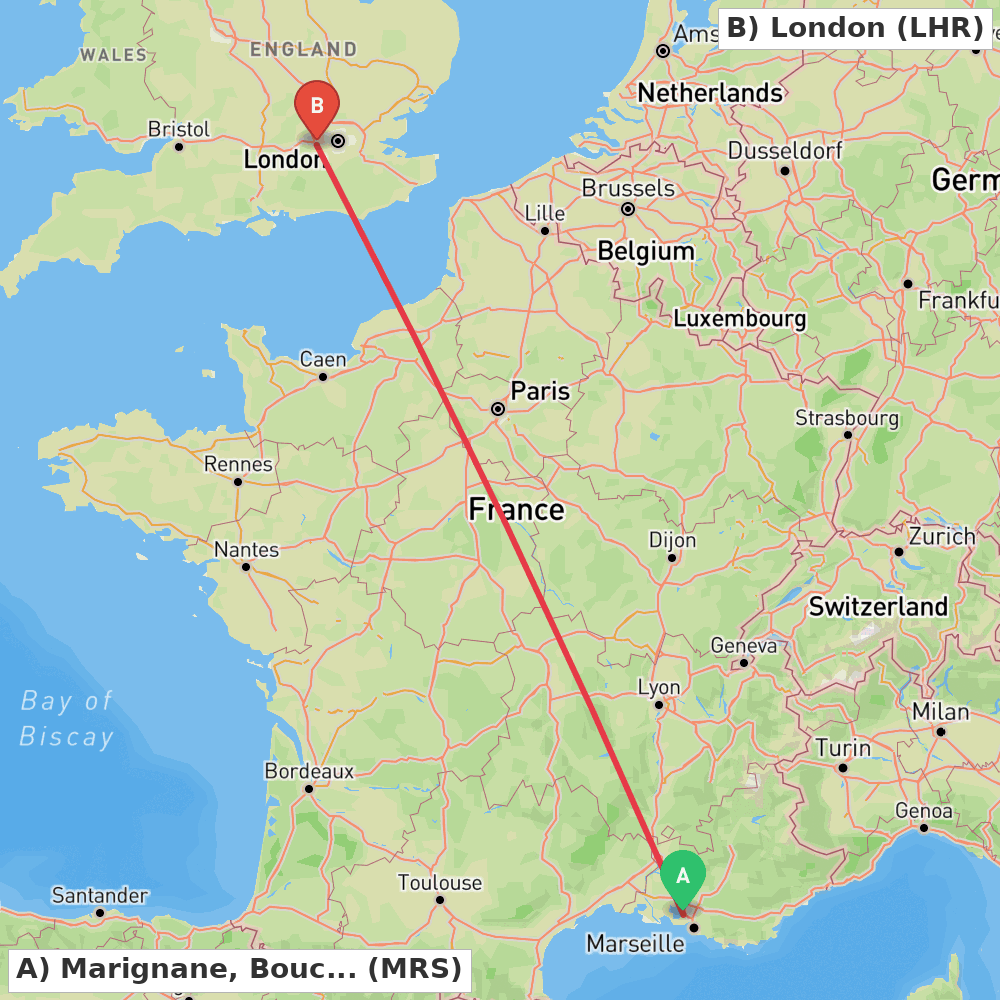 Flight route map from Marignane, Bouches-du-Rhône to London
