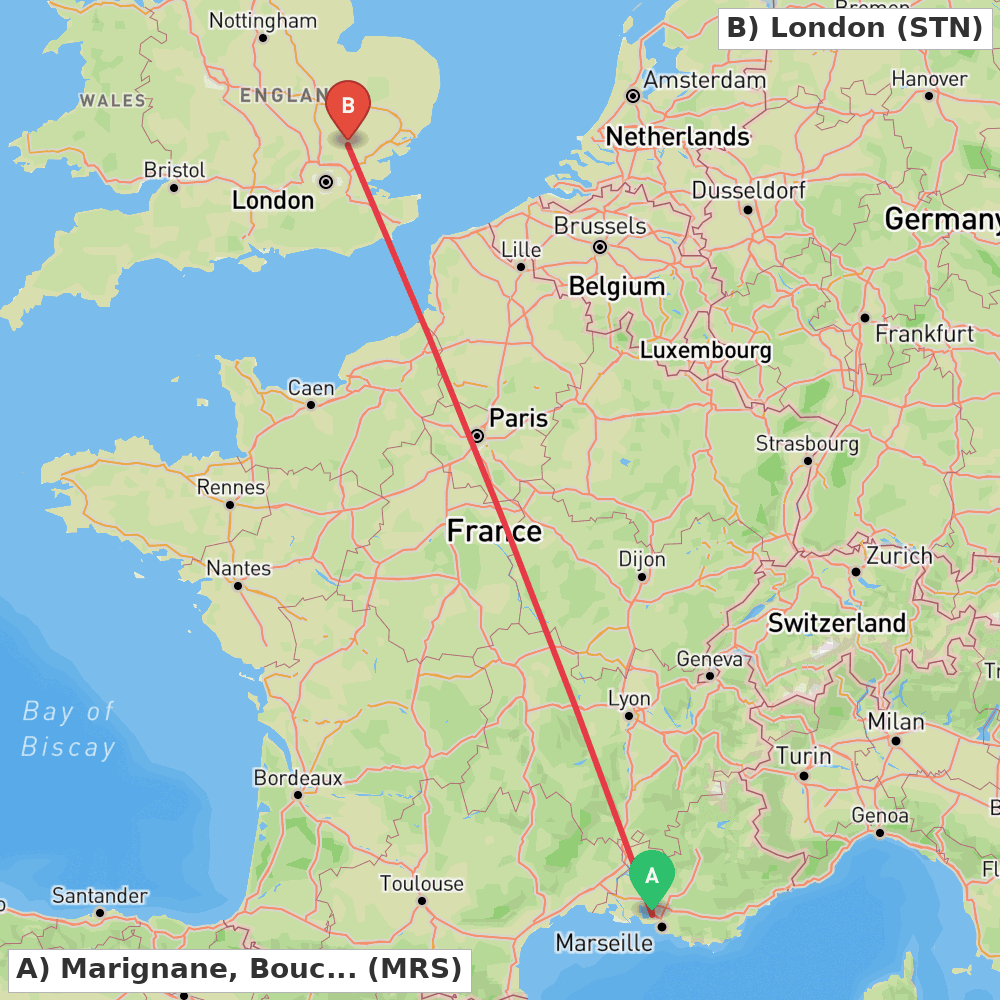Flight route map from Marignane, Bouches-du-Rhône to London