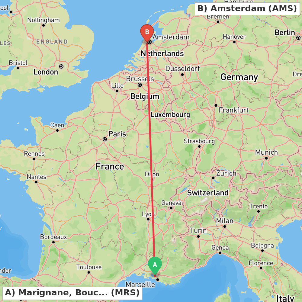Flight route map from Marignane, Bouches-du-Rhône to Amsterdam
