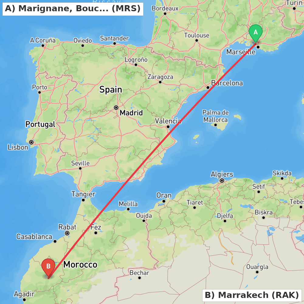 Flight route map from Marignane, Bouches-du-Rhône to Marrakech