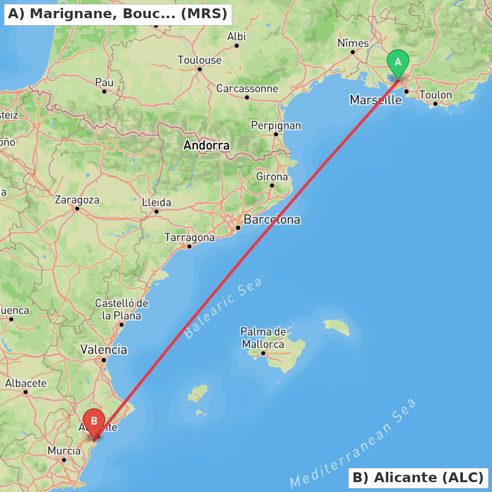 Flight route map from Marignane, Bouches-du-Rhône to Alicante